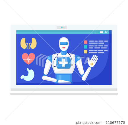 AI robot doctor on computer screen with medical icons. Digital healthcare and virtual medical assistant concept. Robot with stethoscope online consultation vector illustration. 110677370