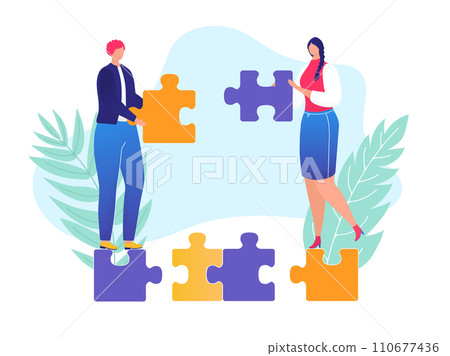 Man and woman holding puzzle pieces, teamwork in solving problems. Collaboration and partnership in business concept vector illustration. Man and woman holding puzzle pieces, teamwork in solving problems. Collaboration and partnership in business concept vector illustration. 110677436