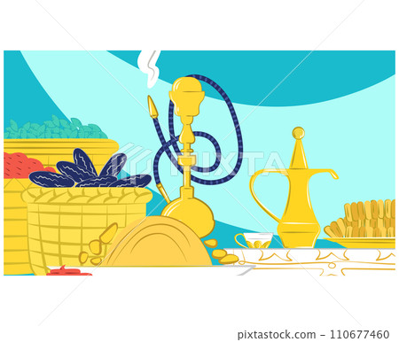 Golden hookah with smoke, traditional tea set, and a basket of tobacco leaves. Middle Eastern relaxation and tea culture concept. Serene, exotic lounge atmosphere vector illustration. Golden hookah with smoke, traditional tea set, and a basket of tobacco leaves. Middle Eastern relaxation and tea culture concept. Serene, exotic lounge atmosphere vector illustration. 110677460