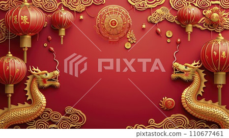 Traditional Elegance: Vibrant Chinese New Year Banner Featuring Dragon, Lanterns, and Ample Blank Space for Text 110677461