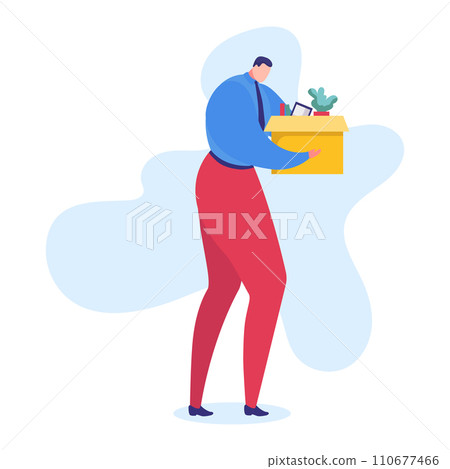 Work problem vector illustration. Cartoon flat sad manager character leaving office with box of things, employee dismissed by boss for bad job, professional career fail concept isolated on white 110677466