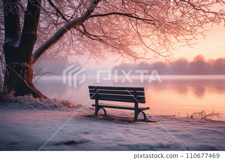 Generative AI A bench by a lake in winter 110677469