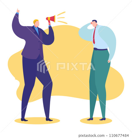 Work problems vector illustration. Cartoon flat angry boss character shouting in loudspeaker megaphone at sad man employee for bad job, professional business task fail concept isolated on white Work problems vector illustration. Cartoon flat angry boss character shouting in loudspeaker megaphone at sad man employee for bad job, professional business task fail concept isolated on white 110677484