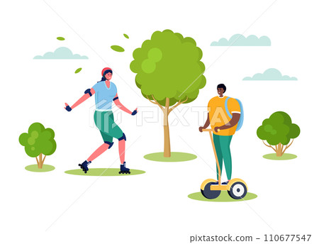 Active sports people vector illustration. Cartoon flat happy woman character skating rollers, smiling man riding modern electric segway in summer outdoor city park, healthy lifestyle isolated on white 110677547
