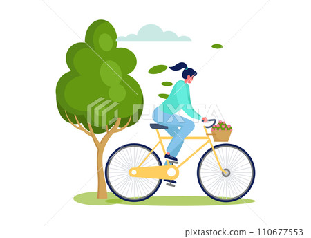 Active sports people vector illustration. Cartoon flat happy woman character riding bike decorated with flowers, have fun from cycling in summer outdoor city park, healthy lifestyle isolated on white 110677553
