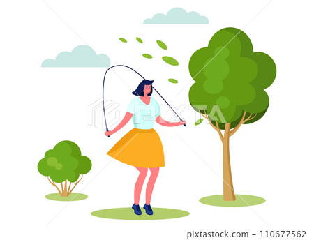 Active sport people vector illustration. Cartoon happy flat woman character smiling, jumping with skipping rope, have fun from outdoor exercise in summer city park. Healthy lifestyle isolated on white Active sport people vector illustration. Cartoon happy flat woman character smiling, jumping with skipping rope, have fun from outdoor exercise in summer city park. Healthy lifestyle isolated on white 110677562