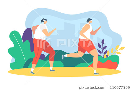 People runners jogging vector illustration. Cartoon flat father, mother and daughter child characters take part in marathon. Family outdoor summer sport activity, happy parenthood isolated on white 110677599