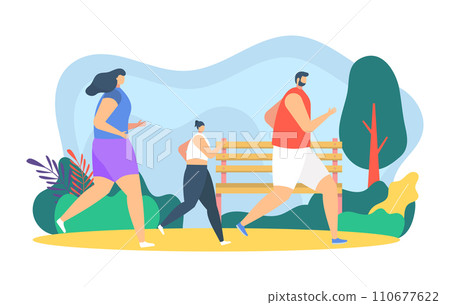 People runners jogging vector illustration. Cartoon flat father, mother and daughter child characters take part in marathon. Family outdoor summer sport activity, happy parenthood isolated on white 110677622
