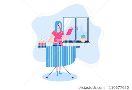 People poses for reading vector illustration. Cartoon flat woman housewife character working with interesting book, ironing clothes on board. Love to literature, home activity isolated on white 110677630