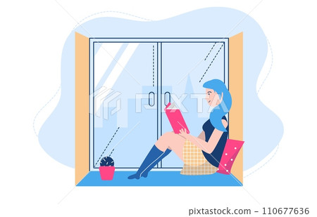 People reading poses vector illustration. Cartoon flat woman student character sitting by window, studying and preparing for examination. Literature lover, fan books, home schooling isolated on white 110677636