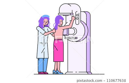 Patient visit doctor vector illustration. Cartoon line flat woman character on checkup for breast diagnosis in mammogram screening machine in hospital. Female health diagnostic isolated on white Patient visit doctor vector illustration. Cartoon line flat woman character on checkup for breast diagnosis in mammogram screening machine in hospital. Female health diagnostic isolated on white 110677638