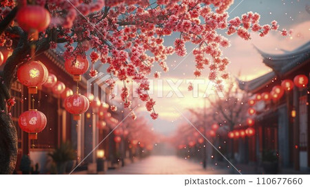 Celebratory Artistry: Chinese New Year Banner Charms with Traditional Scroll Painting and Light Maroon, Orange Tones 110677660