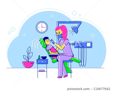 Line doctor pediatrician vector illustration. Cartoon flat dentist woman character examining child, treating kid patient tooth in hospital room interior. Medical clinic healthcare isolated on white Line doctor pediatrician vector illustration. Cartoon flat dentist woman character examining child, treating kid patient tooth in hospital room interior. Medical clinic healthcare isolated on white 110677682