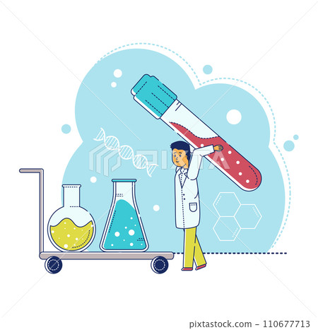 Line laboratory research vector illustration. Cartoon flat tiny scientist character making experiment test in laboratory equipment, big test glass tube. Chemistry, pharmacy concept isolated on white 110677713