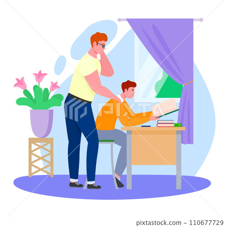 Father time with son vector illustration. Cartoon flat dad character helping boy with homework, reading books, doing school lesson together at home. Happy parenthood, family activity isolated on white Father time with son vector illustration. Cartoon flat dad character helping boy with homework, reading books, doing school lesson together at home. Happy parenthood, family activity isolated on white 110677729