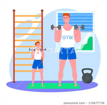 Father time with son vector illustration. Cartoon flat dad and boy characters do sport activity, fitness exercises with dumbbells. Family indoor workout in home gym, happy parenthood isolated on white 110677736