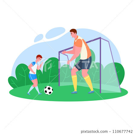 Father time with son vector illustration. Cartoon flat dad character training, playing soccer with boy on football grass pitch, family outdoor summer sport activity, happy parenthood isolated on white 110677742