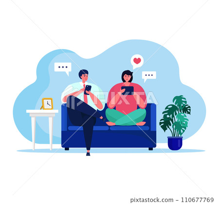People with gadgets vector illustration. Cartoon flat happy couple characters sitting on sofa in room interior of home apartment, using tablet or smartphone for social media activity isolated on white People with gadgets vector illustration. Cartoon flat happy couple characters sitting on sofa in room interior of home apartment, using tablet or smartphone for social media activity isolated on white 110677769