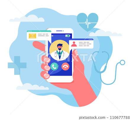 Online medicine concept vector illustration. Cartoon flat human hand holding smartphone with video call to doctor character on screen, using mobile advise or consultation service app isolated on white 110677788