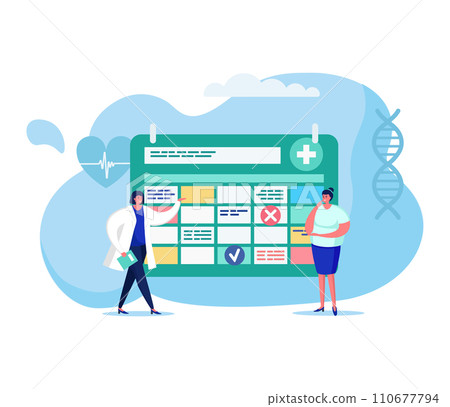 Online medicine concept vector illustration. Cartoon flat tiny woman patient character makes appointment with doctor in hospital, choosing date on calendar. Mobile healthcare service isolated on white 110677794