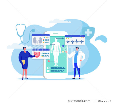 Online medicine concept vector illustration. Cartoon flat tiny woman patient character meeting with man doctor for diagnosis, treatment or consultation, using smartphone app isolated on white Online medicine concept vector illustration. Cartoon flat tiny woman patient character meeting with man doctor for diagnosis, treatment or consultation, using smartphone app isolated on white 110677797