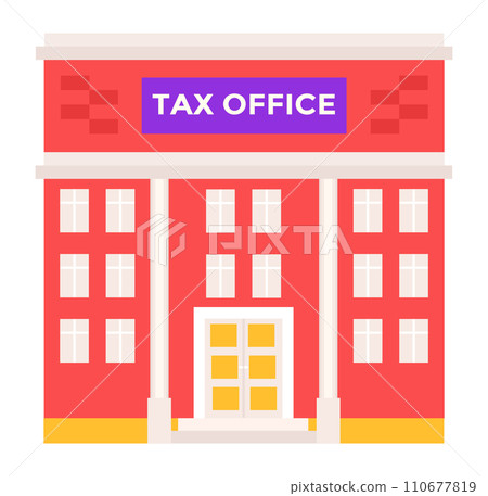 Red government building facade with sign TAX OFFICE. Simplified architectural vector illustration of tax administration structure. Red government building facade with sign TAX OFFICE. Simplified architectural vector illustration of tax administration structure. 110677819