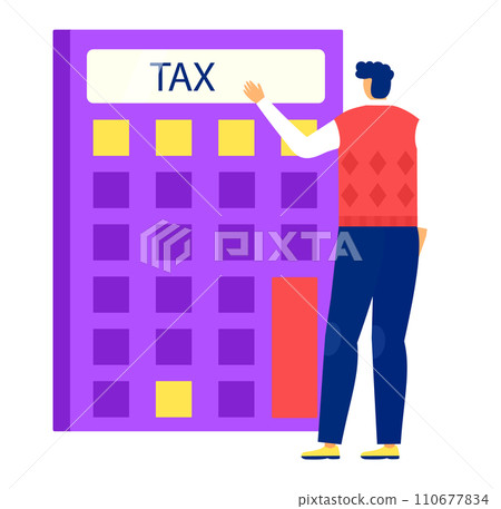 Man completing tax form with calculator flat style. Person working on finance calculation vector illustration. Man completing tax form with calculator flat style. Person working on finance calculation vector illustration. 110677834