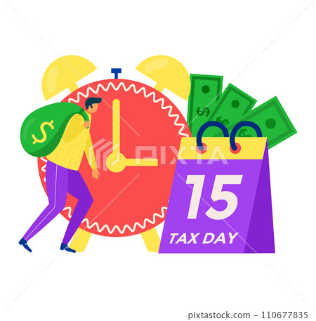 Person carrying money bag beside large clock and calendar marked tax day. Tax deadline concept, financial calendar reminder vector illustration. 110677835