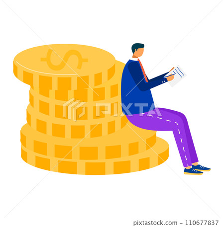 Man in business attire reading on stack of coins. Wealth concept and financial literacy. Investment and savings growth vector illustration. Man in business attire reading on stack of coins. Wealth concept and financial literacy. Investment and savings growth vector illustration. 110677837