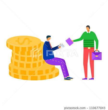 Two men exchanging documents near a large coin stack. Office worker giving report to businessman. Financial transaction and investment concept vector illustration. Two men exchanging documents near a large coin stack. Office worker giving report to businessman. Financial transaction and investment concept vector illustration. 110677843