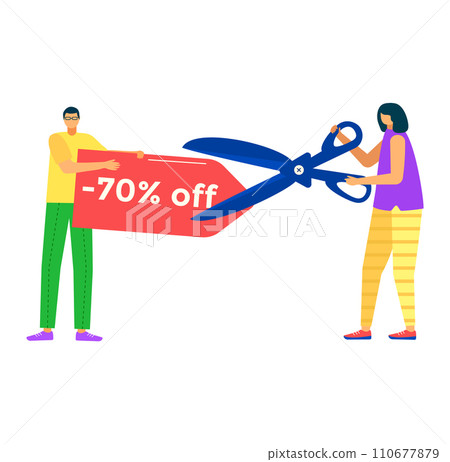 Man and woman holding giant scissors and cutting coupon with 70 off text. Concept of big sale and discounts, couple shopping. Colorful shopping promotion vector illustration. 110677879