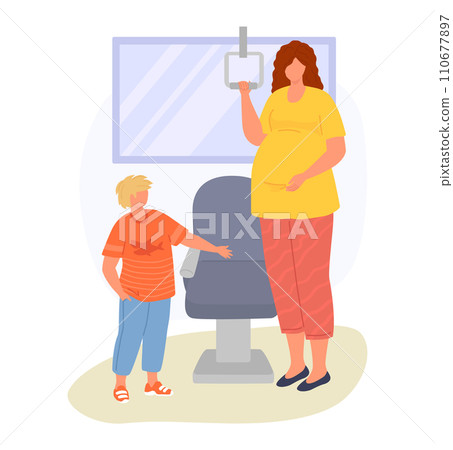 Pregnant woman with child at a medical checkup. Son touching ultrasound chair, expecting mother holding probe. Family at prenatal appointment vector illustration. 110677897