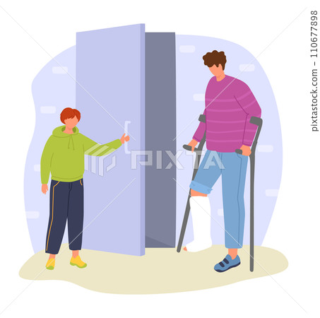 Child with cast on leg using crutches. Kid opening elevator door for injured friend. Accessibility and children helping each other vector illustration. Child with cast on leg using crutches. Kid opening elevator door for injured friend. Accessibility and children helping each other vector illustration. 110677898