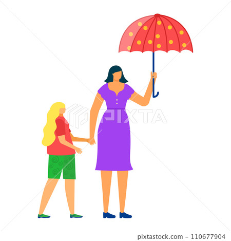 Mother and daughter walking with umbrella on sunny day. Woman holding colorful umbrella protecting child. Family care and weather protection vector illustration. Mother and daughter walking with umbrella on sunny day. Woman holding colorful umbrella protecting child. Family care and weather protection vector illustration. 110677904