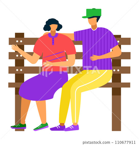 Woman and man sitting on a bench, casual attire, friendly meeting. Park leisure time, friends chatting outdoors, colorful clothing vector illustration. Woman and man sitting on a bench, casual attire, friendly meeting. Park leisure time, friends chatting outdoors, colorful clothing vector illustration. 110677911