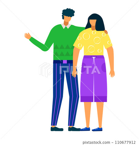 Young man and woman standing together, casual clothing, modern style, flat design. Friendship, youth, fashion. Vector illustration 110677912