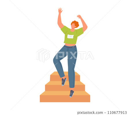 Young adult celebrating success on top of stairs, achievement and happiness concept, casual clothing. Personal goal reached, cheering victoriously vector illustration. 110677913