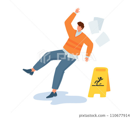 Man slipping on wet floor beside caution sign. Person loses balance at workplace. Accident prevention and safety vector illustration. 110677914
