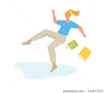 Blonde woman slipped on wet floor, fallen books, casual attire, accident at home. Safety awareness concept, unexpected home accident vector illustration. Blonde woman slipped on wet floor, fallen books, casual attire, accident at home. Safety awareness concept, unexpected home accident vector illustration. 110677915