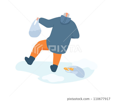 Person slipping on ice while holding a grocery bag, winter accident scene. Elderly slipping on icy pavement, winter safety concept vector illustration. 110677917