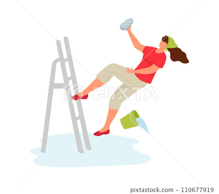 Woman slipping on wet floor while cleaning, has an accident falling off a ladder. Safety at home and accident prevention concept vector illustration. Woman slipping on wet floor while cleaning, has an accident falling off a ladder. Safety at home and accident prevention concept vector illustration. 110677919
