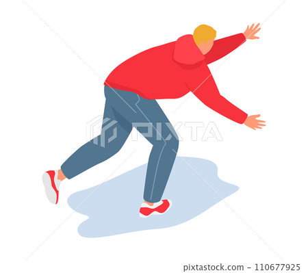Blonde man in red sweater running isolated on white. Dynamic movement, rush hour, active lifestyle concept vector illustration. 110677925