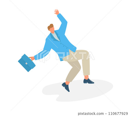 Caucasian businessman in blue jacket slipping. Young adult male falling with briefcase. Office accident concept vector illustration. Caucasian businessman in blue jacket slipping. Young adult male falling with briefcase. Office accident concept vector illustration. 110677929