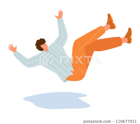 Young man in casual clothes slipping and falling down. Accident, clumsy person tripping, unexpected fall vector illustration. Young man in casual clothes slipping and falling down. Accident, clumsy person tripping, unexpected fall vector illustration. 110677931