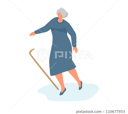 Elderly woman with a cane slipping on wet floor. Senior lady in a blue dress falling with fear, accident concept. Safety for seniors and preventing falls vector illustration. Elderly woman with a cane slipping on wet floor. Senior lady in a blue dress falling with fear, accident concept. Safety for seniors and preventing falls vector illustration. 110677933