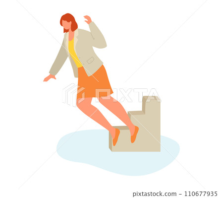 Caucasian woman stumbling on stairs, business casual attire. Female in crisis, overcoming obstacles at work vector illustration. Caucasian woman stumbling on stairs, business casual attire. Female in crisis, overcoming obstacles at work vector illustration. 110677935