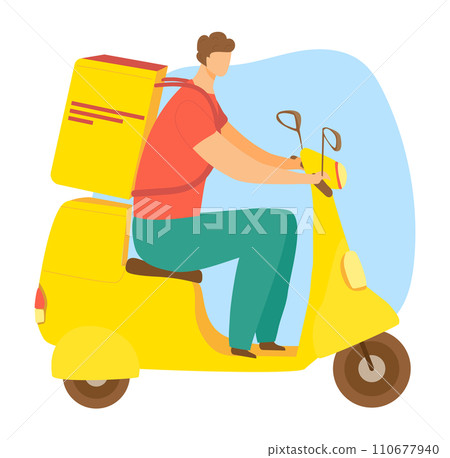 Delivery man riding a yellow scooter with a large backpack for parcels. Courier delivering orders on motorbike. Urban express delivery service vector illustration. Delivery man riding a yellow scooter with a large backpack for parcels. Courier delivering orders on motorbike. Urban express delivery service vector illustration. 110677940