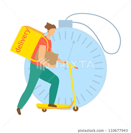 Delivery person riding a scooter with a yellow bag, rushing against a giant clock background. Speedy courier service, on-time delivery. Prompt shipping vector illustration. Delivery person riding a scooter with a yellow bag, rushing against a giant clock background. Speedy courier service, on-time delivery. Prompt shipping vector illustration. 110677943