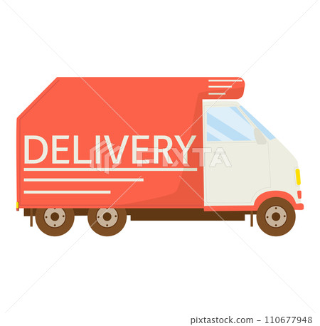 Red delivery truck side view with cargo vehicle branding. Transport and logistics service concept. Fast shipment and package delivery vector illustration. Red delivery truck side view with cargo vehicle branding. Transport and logistics service concept. Fast shipment and package delivery vector illustration. 110677948