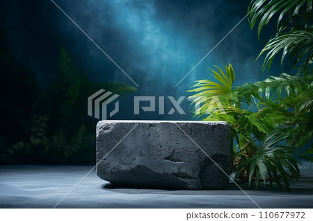 Generative AI A piece of stone in the form of a podium in a studio, lots of greenery 110677972
